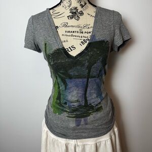 American Eagle Outfitters Gray Graphic V-Neck Tee